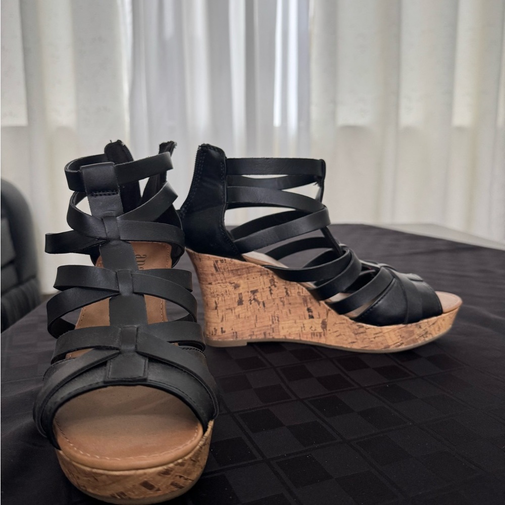 a.n.a Black Cork Wedge Sandals